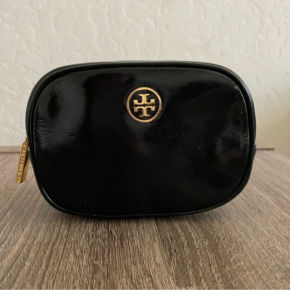 Tory Burch Black Patent Cosmetic Bag Makeup Case Gold Logo